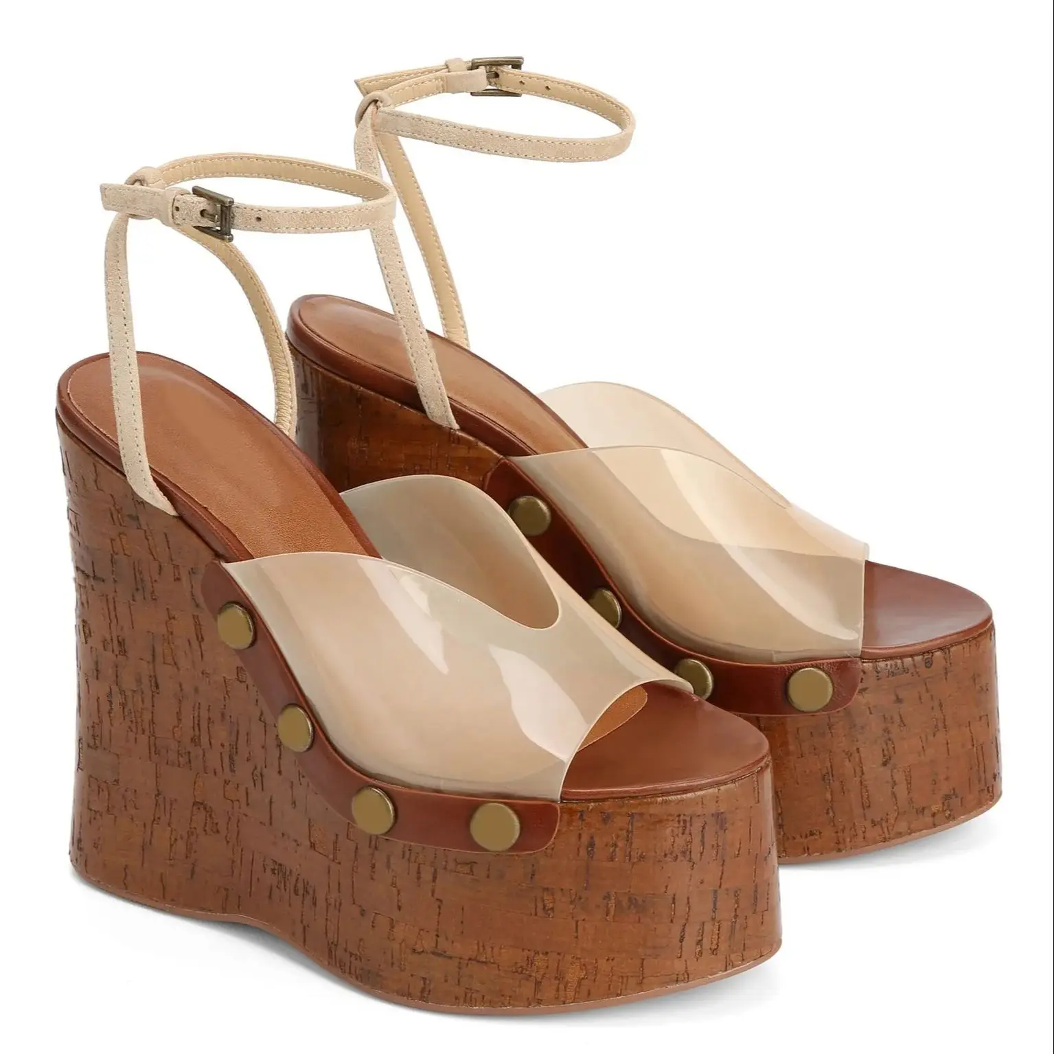 

Large Rivets Embedded PVC Strap Women’s Sandals Peep Toe Wedges Super High Heels Tall Platform Sandales à Talons Heighten Shoes