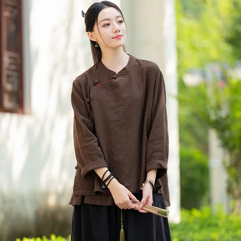 High Quality Cotton Linen Casual Shirt Women New 2024 Autumn Chinese Style Solid Color Female Long Sleeve Tops Shirts M139