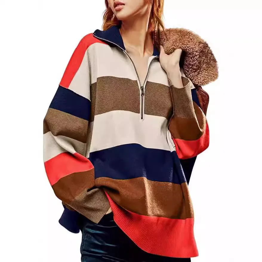 Europe and The United States New Fashion Striped Half Zipper Turtleneck Casual Patchwork Knitted Loose Pullover Sweater Women