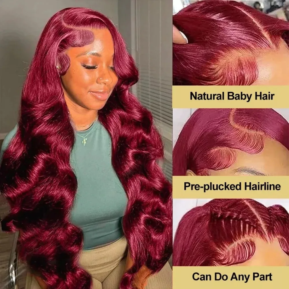 วิกผมแท้สีเบอร์กันดีความหนาแน่น 200 ขนาด 13x6 HD Lace Frontal แบบ Body Wave สี 99j  วิกผมหน้าผากแบบ Lace Front 13x4 ผมแท้ 100% วิกผมบราซิล
