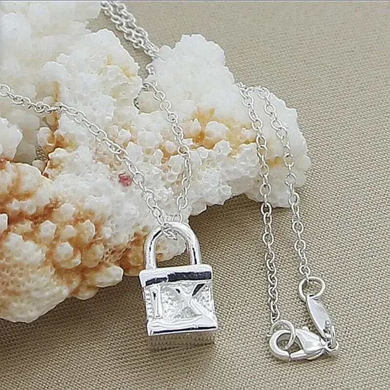 925 Sterling Silver Solid Square Lock Pendant Necklace Chain Fashion Jewelry  Accessories