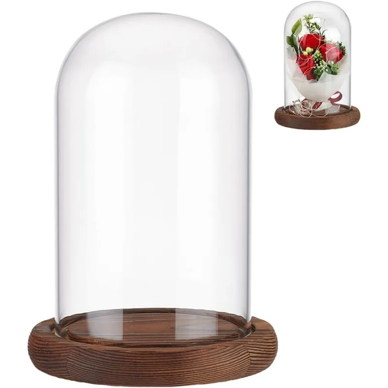 Eternal Flower Glass Display Dome Cloche, Glass Display with Coconut Brown Wood Pedestal Bell Jar Cloche for Valentine's Day