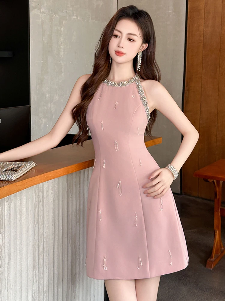 Women's Pretty Prom Dresses Luxury Fashion Cute Pink Glitter Diamonds Tassel Short Gown Female Evening Party Banquet Vestidos