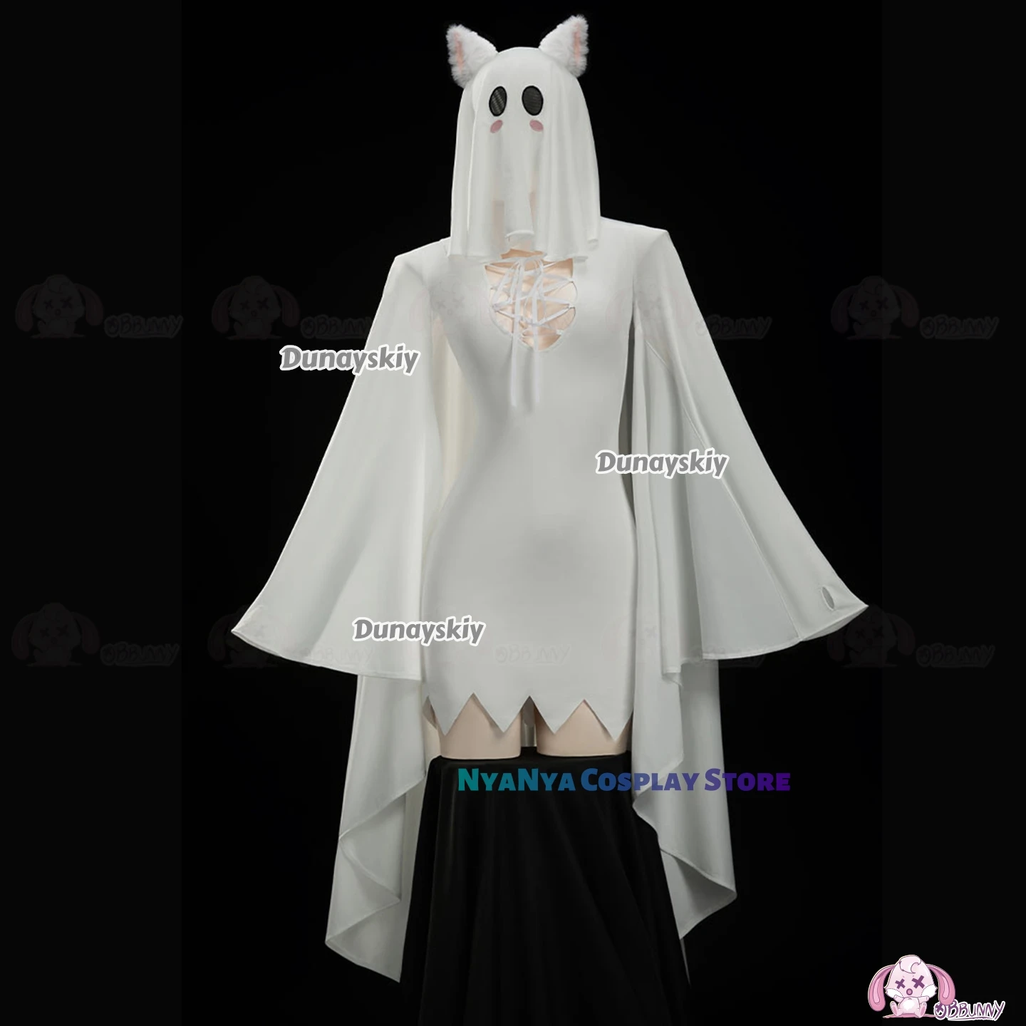 Vestido ajustado elástico con orejas de gato blanco, disfraz de chica de gato fantasma, disfraz de personaje del juego de Anime, traje de fiesta de Halloween para mujer y niña