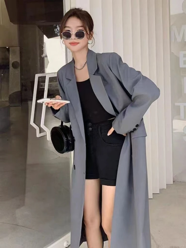 

Women's Long Cardigan Style Khaki Blazer with Double Breasted Warm Toned Overcoat for Spring/Autumn/Winter, Slim Fit Korean