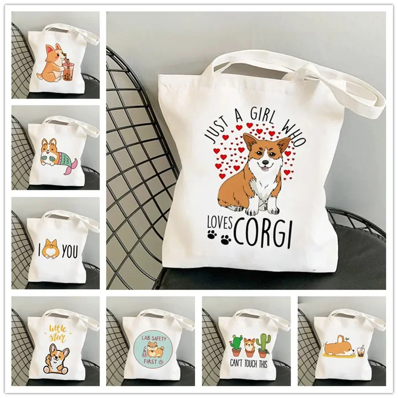 Cute Cartoon Corgi Canvas Tote Bag Harajuku Women Shoulder Bag Large Capacity Shopper Shopping Bag Reusable Ladies White Handbag