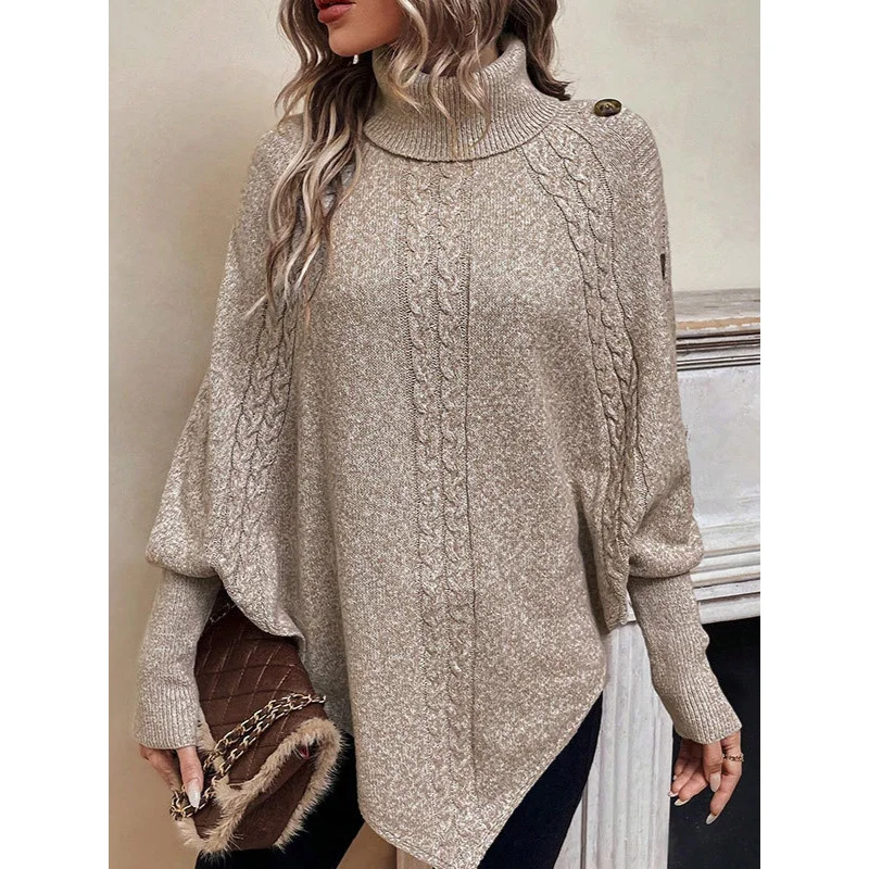 European and American Autumn and Winter New Twisted Women's Sweater Fashion High Collar Fastener Decoration Long Sleeve Batwing