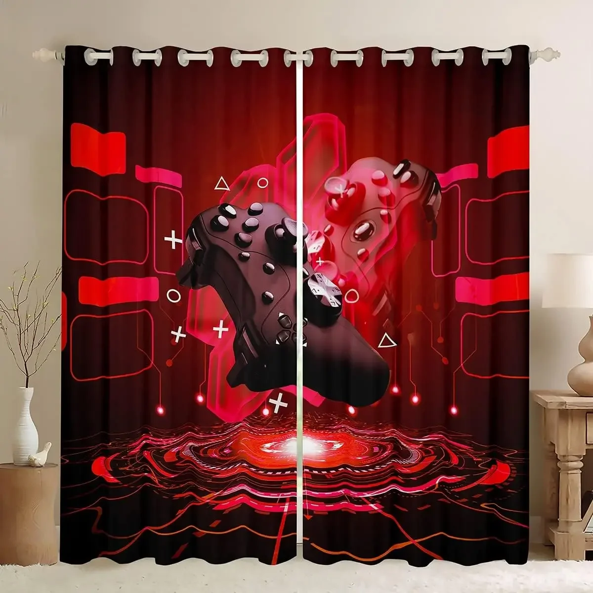 

Cool Gaming Controller Curtains Red Black E-sports Print Drapes Trendy Living Room Bedroom Kids Room Decor Curtains 2 Panels Set