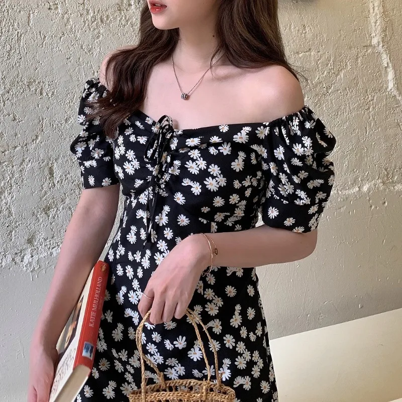 Women Chiffon Mini Dresses Summer Fashion Flower Print Vestidos Boho Skinny Puffy Sleeve Casual Dress Bohemian Vestidos Платье