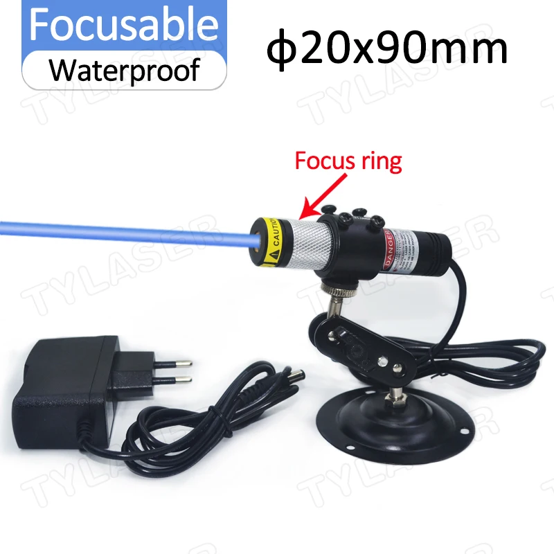 Focusable Waterproof Glass len D20X90mm 488nm Blue Dot Laser Module 10/30/60mW for Cutting Positioning with Bracket and Adapter