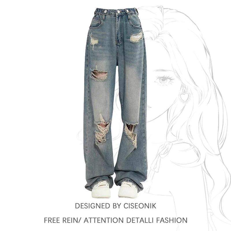 

American Style High Waist Denim Jeans Women's Loose Straight Leg Hole Design Slimming Large Size Summer Casual Wide Leg Pants