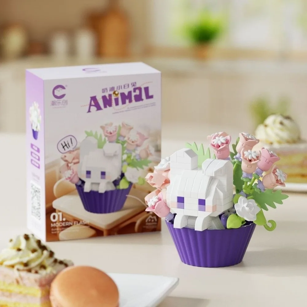 

Dessert Theme Building Blocks Cartoon Animals Plastic Building Bricks Toys Cute Cat Dog Rabbit Potted Bouquet Blocks Home Decor