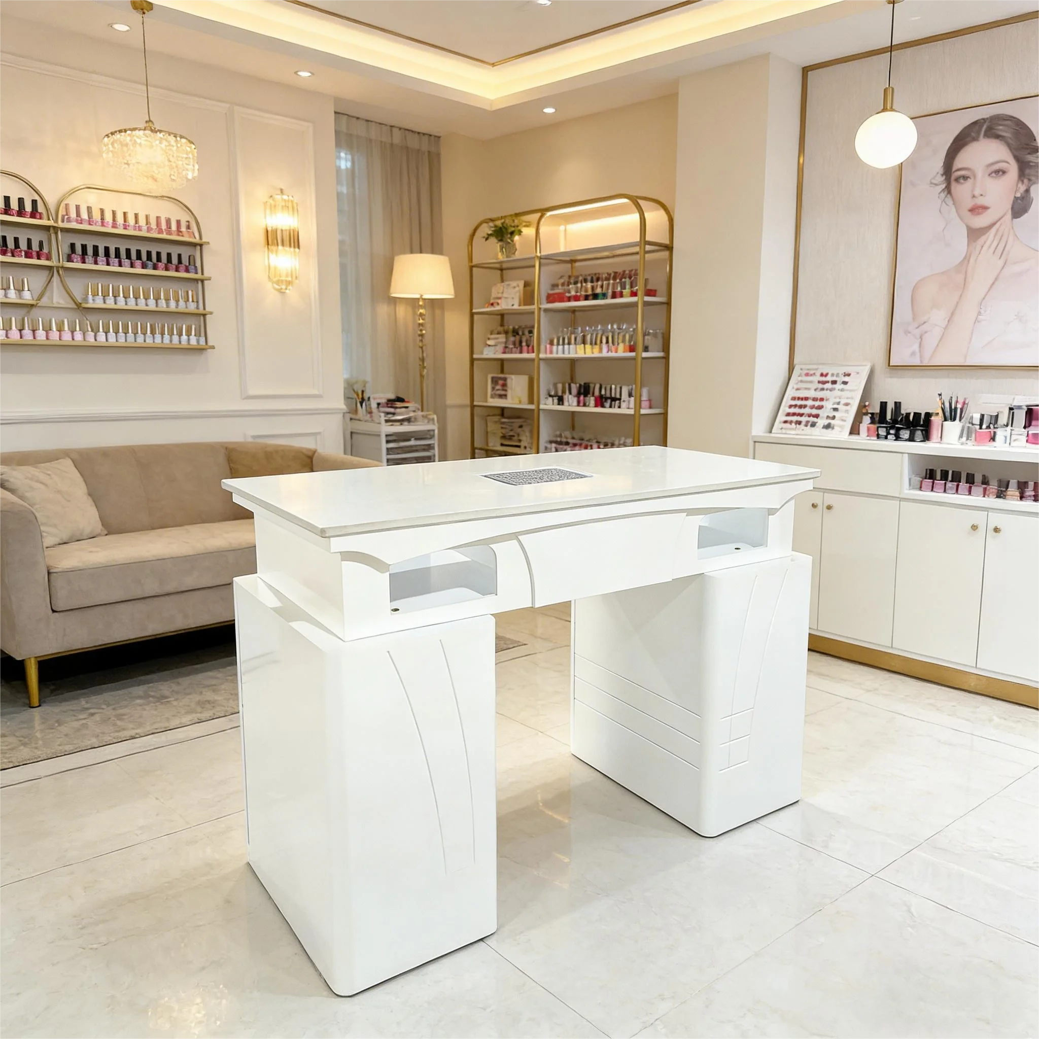 

Роскошный набор для маникюра: стол из белого мрамора и стул, современный дизайн для салона красоты с подсветкой столешницы.