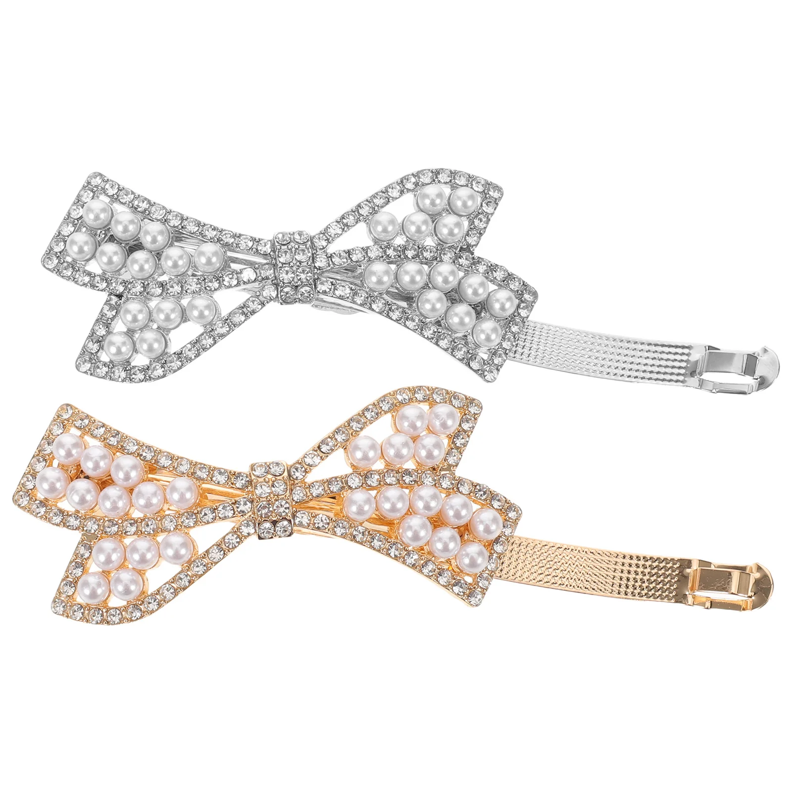 

2pcs Knitted Rhinestone Hair Clips: Bling Spring Barrettes With Fake Pearl Bowknot Bridal Party Hair Accessories For Women