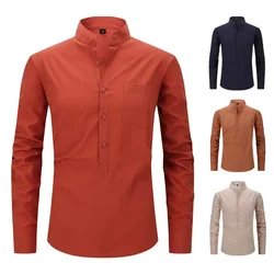 Long-Sleeved Shirts Summer Solid Color Stand-Up Collar 100% Cotton Linen  Men's Casual Beach Style More Colors USA S-3XL Size