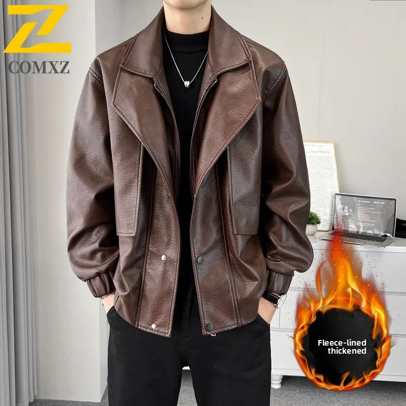 

2025 Men Leather Jacket Fashion Classic Plus Velvet Thick Windproof Warm Collar Coat Outdoor Casual Winter Wear Motorcycle Coat