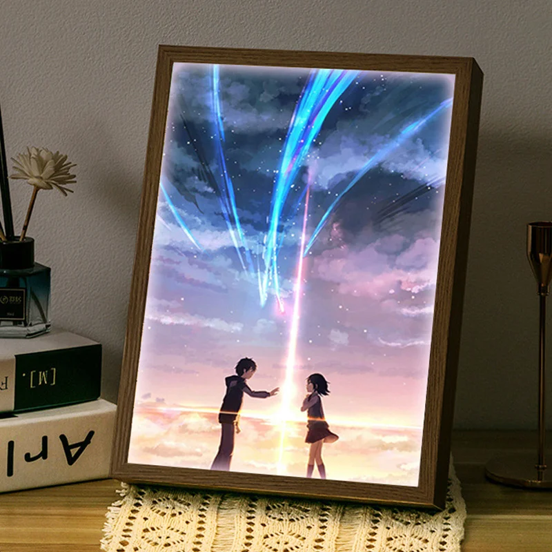 Lampe de dessin animé à LED avec cadre en bois pour enfants, veilleuse de bureau de chevet, figurine d'anime japonais, votre nom, cadeau pour filles