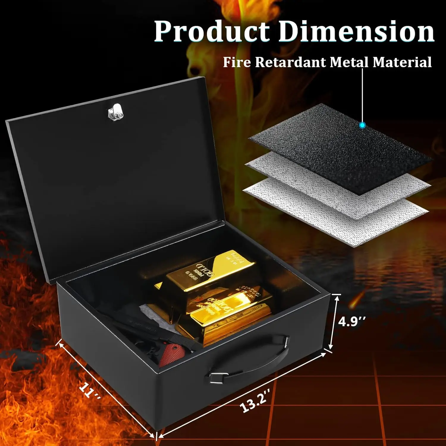 صندوق أمان معدني محمول مقاوم للحريق مع قفل مفتاح - سعة كبيرة للمستندات والنقود والمجوهرات - 13.2 بوصة × 11 بوصة × 5.1 بوصة أسود