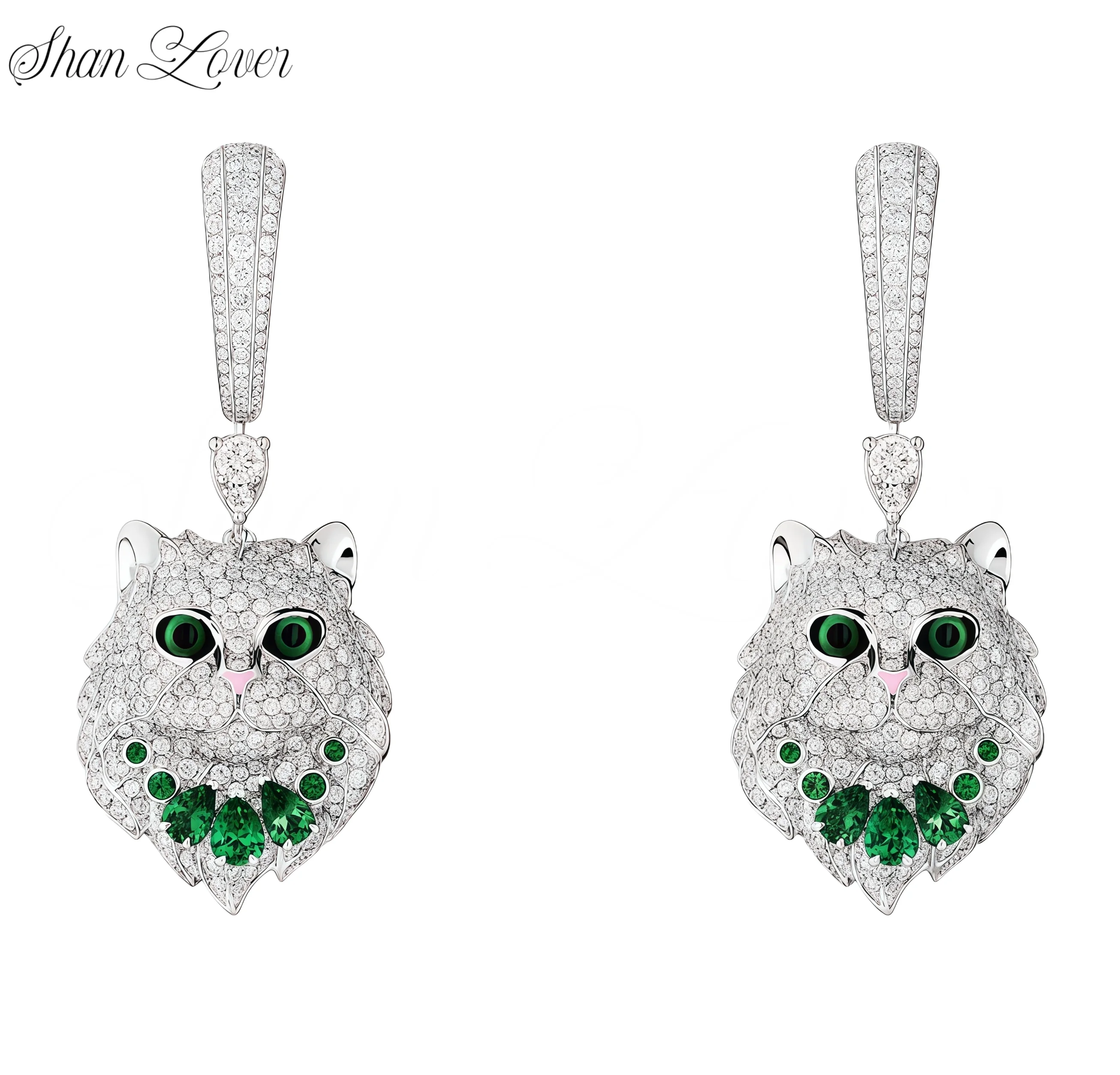 

ShanLover Brand Luxury Animal Face Cat Real 925 Sterling Silver Drop Earrings For Women Cat Head Stud Earrings Gemstones Jewelry