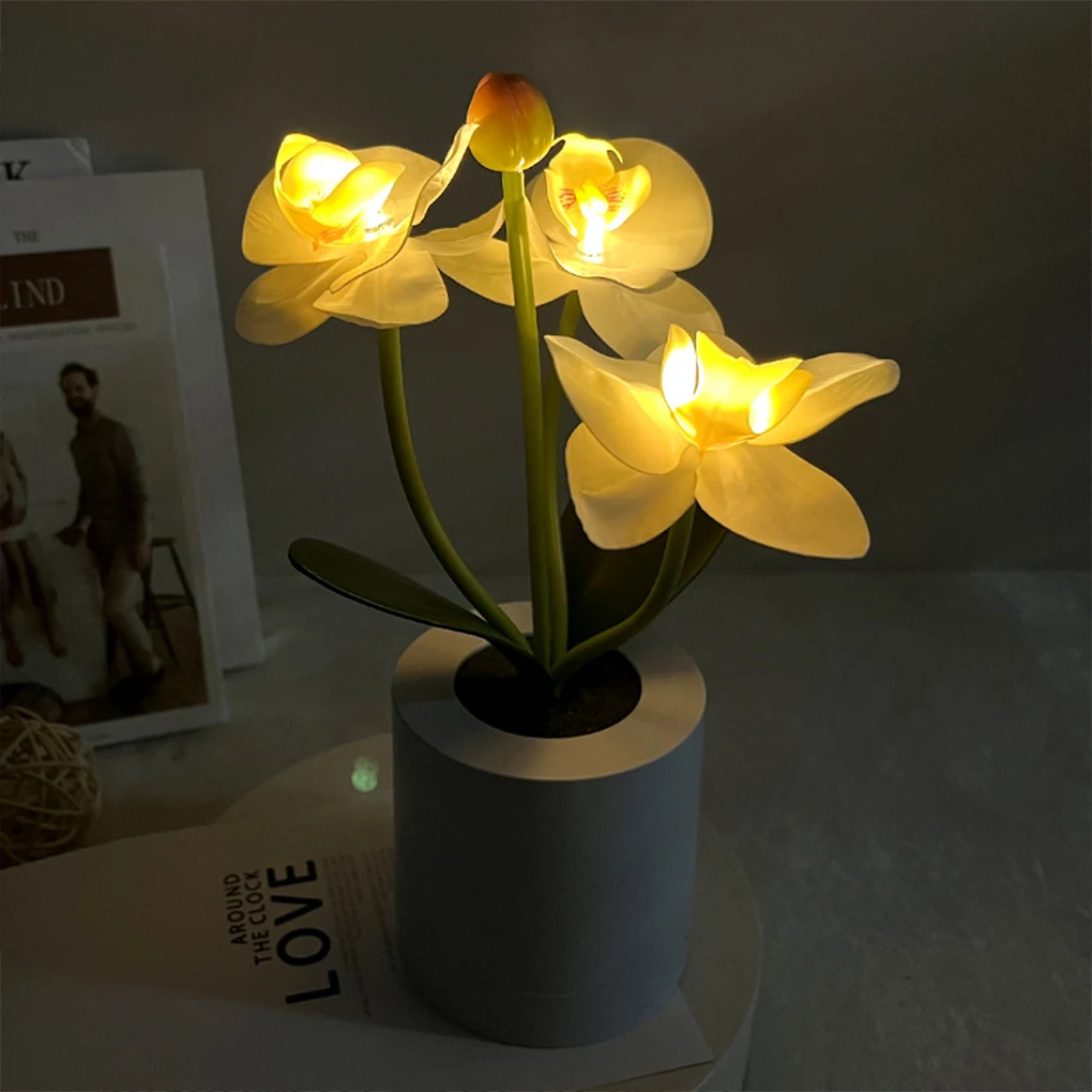 Artificial Orchid Flower Lamp USB Rechargeable Night Light Realistic Fake Butterfly Orchid Bonsai for Bathroom Living Room Decor