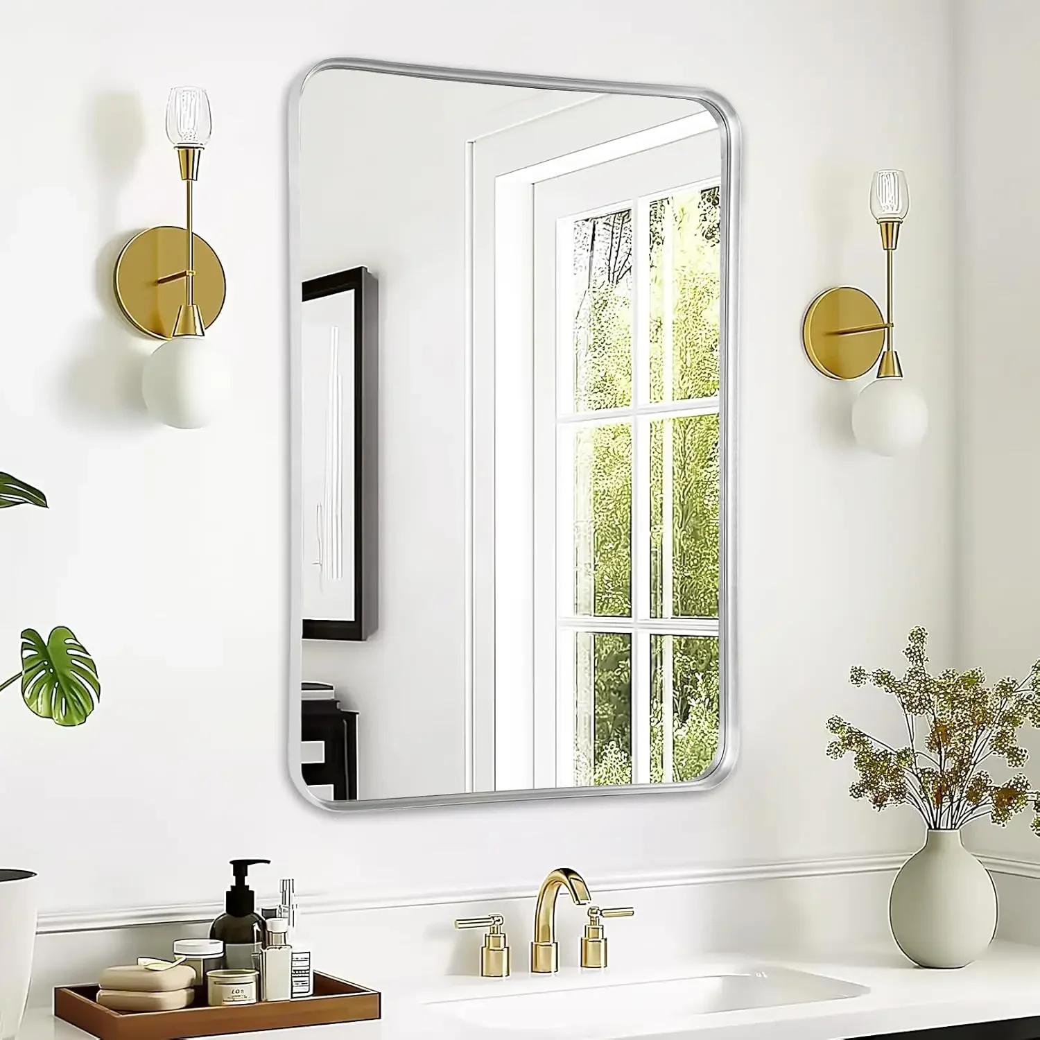 

Bathroom Mirror Wall - 24x36 Inch Silver Framed Rectangular Mirror for Bathroom Over Sink, Brushed Metal Frame Mirrors for Restr