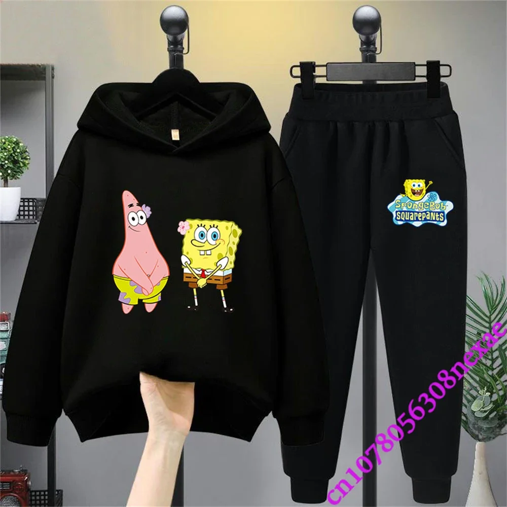 Spongebob Spring And Autumn Children's Clothing Boys And Girls Sweater Suit 2 Pieces Cartoon Print Sweater Sportswear Trousers