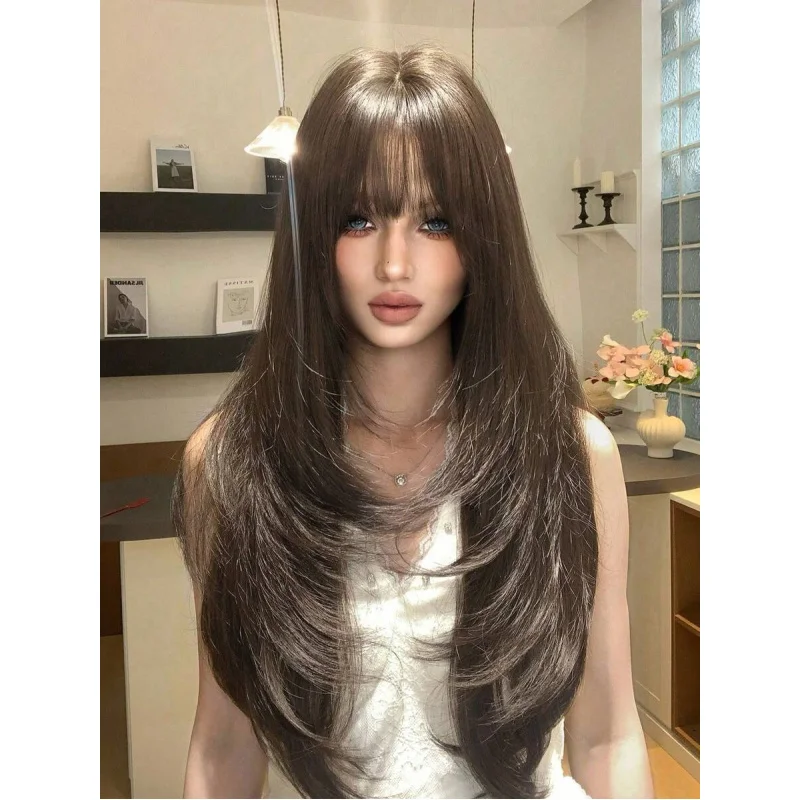 

Длинный прямой многослойный парик с челкой для женщин, 28 дюймов, легко надевается, реалистичный, из термостойкого синтетического волокна, натуральный парик для девушек