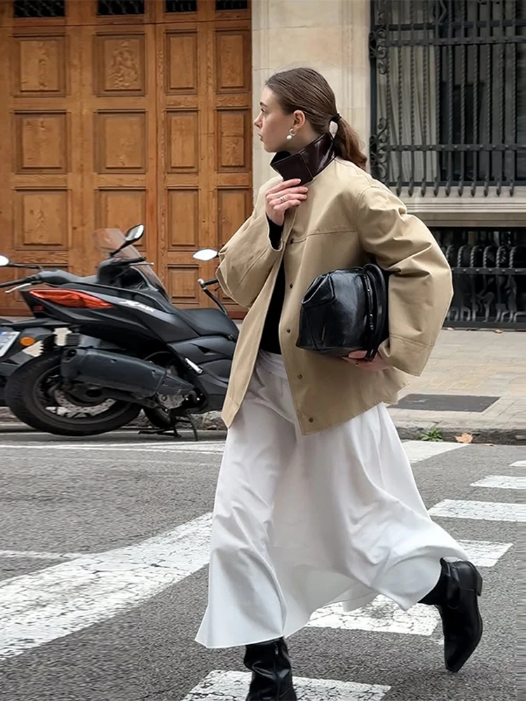 سترة نسائية ذات ياقة جلدية كلاسيكية من البولي يوريثان فضفاضة غير رسمية كاكي مرقع بياقة واقفة وزر سترات خندق أنيقة ومتعددة الاستخدامات ملابس الشارع