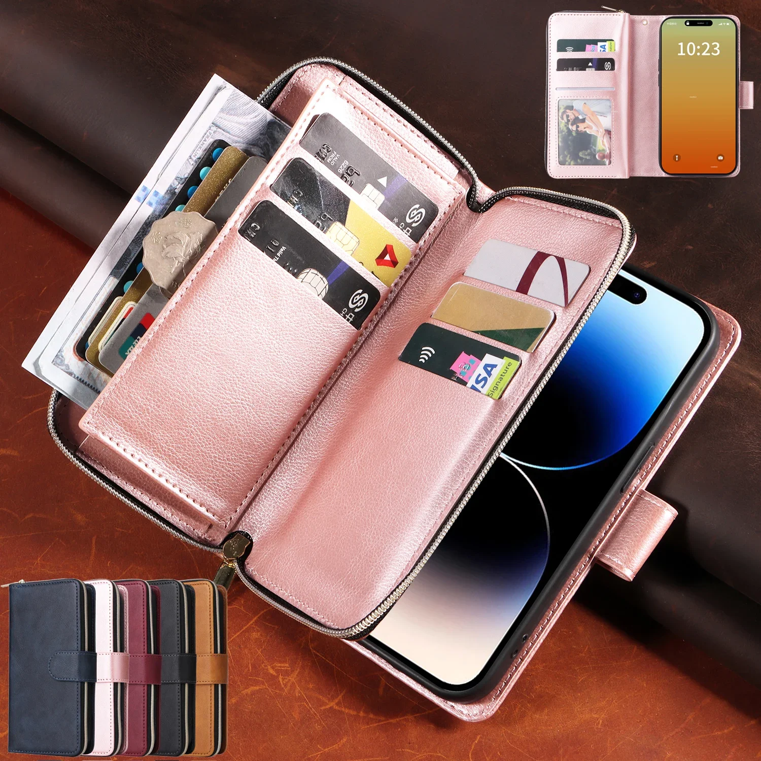 

Zipper Cards Solt Flip Wallet Leather Case For iPhone 15 Pro Max 14 Plus 13 Mini 12 11 SE2022 X XR XS 8 7 Bag Pocket Purse Cover