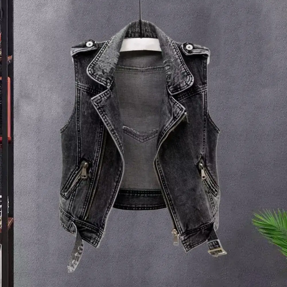 

Women Denim Vest Sleeveless Lapel Solid Color Hip Hop Vintage Zip Up Zipper Pockets Streetwear Lady Autumn Short Waistcoat