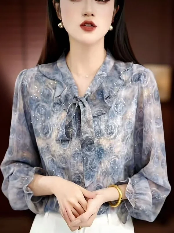 

Spring 2026 Women's Slimming V-Ne Floral Print Chiffon T-irt Breathable Loose Fit Long Sve Top for Mom Casual Wear