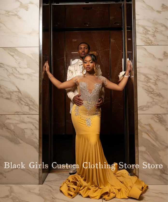 

Sexy See Through Mermaid Prom Evening Gowns Luxury Gold Crystal Beaded Black Girls Birthday Party Vestido Longo Festa Custom