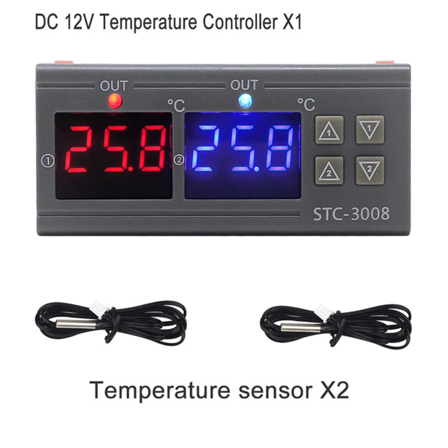 

A48P-2X STC-3008 Dual Digital Incubator Thermostat Display Temperature Controller 12V