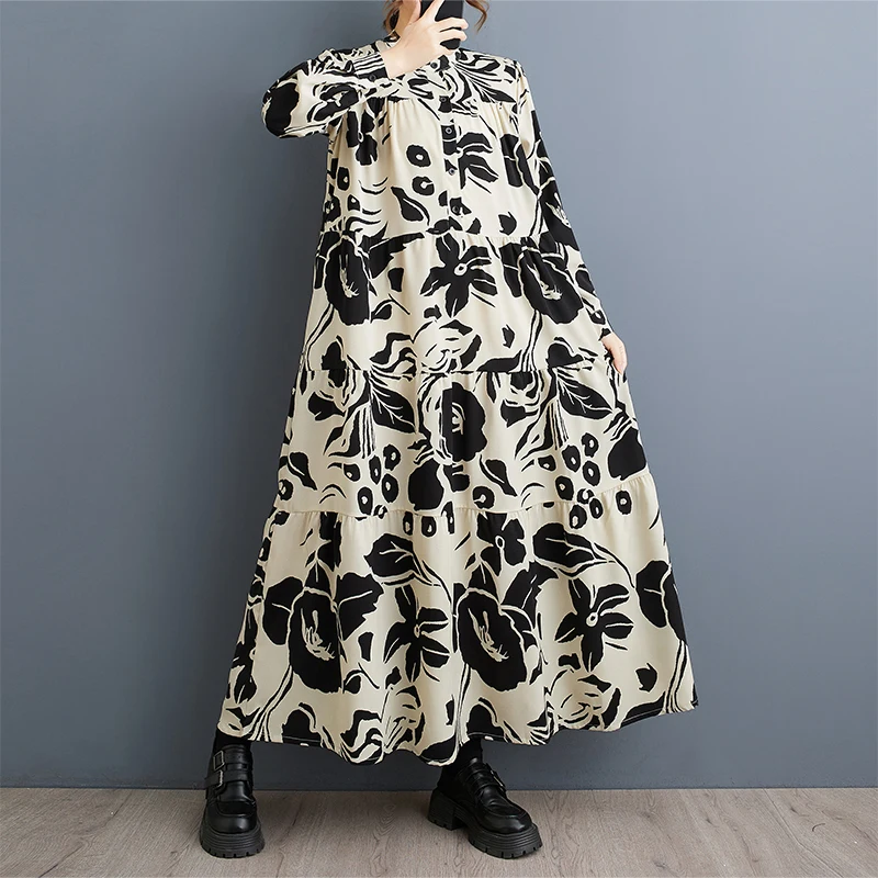 Retro europeu impressão longa sve a linha dr plus size primavera outono faion cintura alta emagrecimento maxi dr roupas femininas