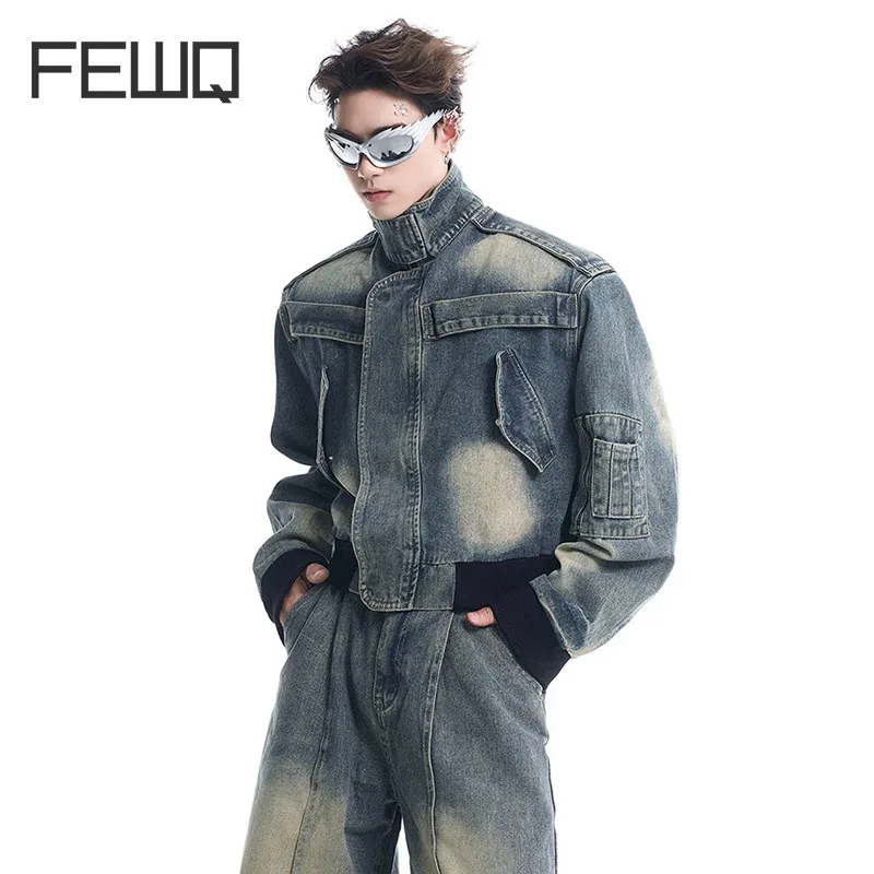 FEWQ Men's Deconstruction Splicing Design Vintage Denim Jacket Loose Wide Leg Trousers High Street Sets New Fashion 24E2859