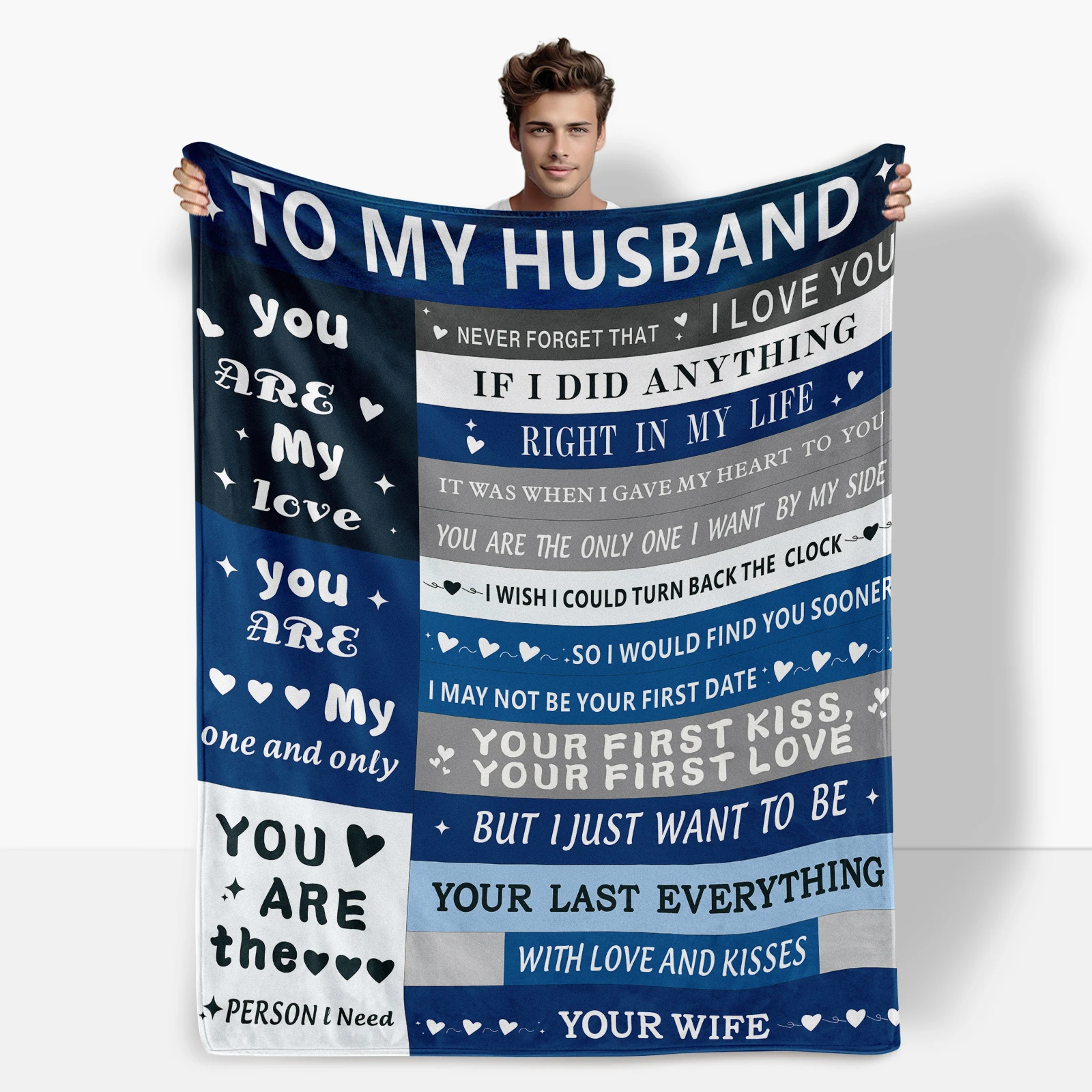 

Blue checkered flannel blanket filled with sweet words for him expressing love and appreciation for your cherished husband