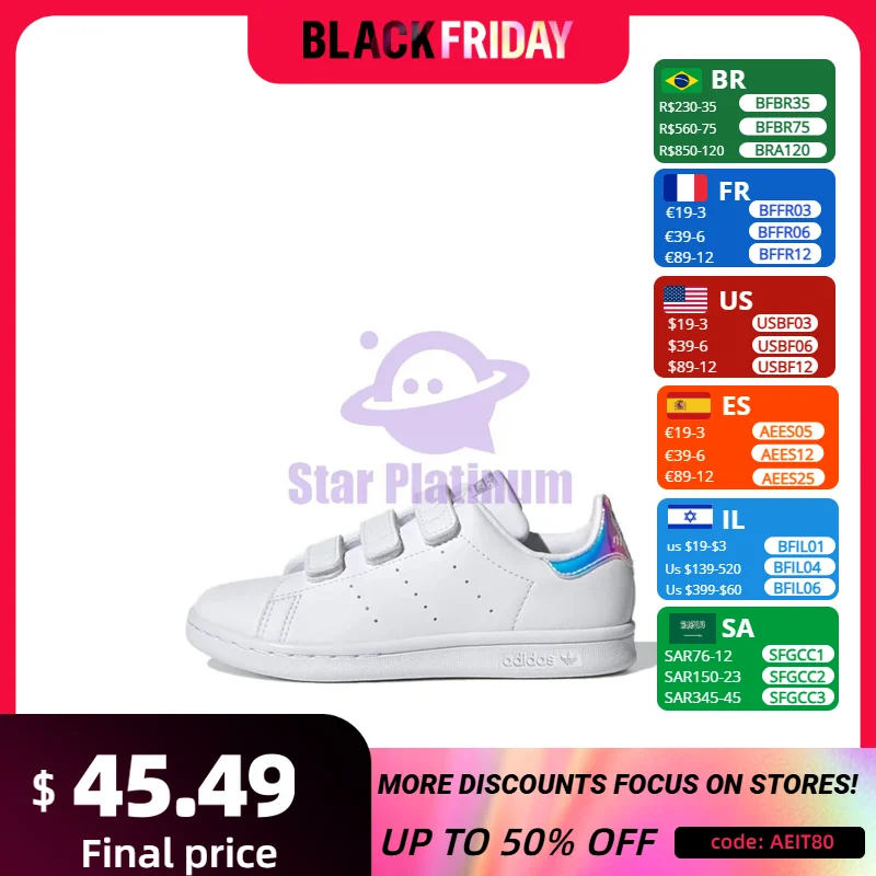 Adidas Originals STAN SMITH Breathable Low Top Sneakers White, Blue Purple for Small Children