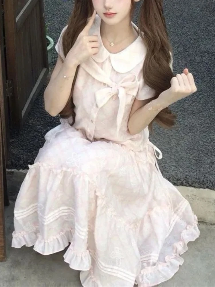 Japanese Vintage Sweet Bow Peter Pan Collar Top + Ruffle Midi Skirt Women's 2 Piece Set Pink Summer Casual Fashion Chic Clothes view 2