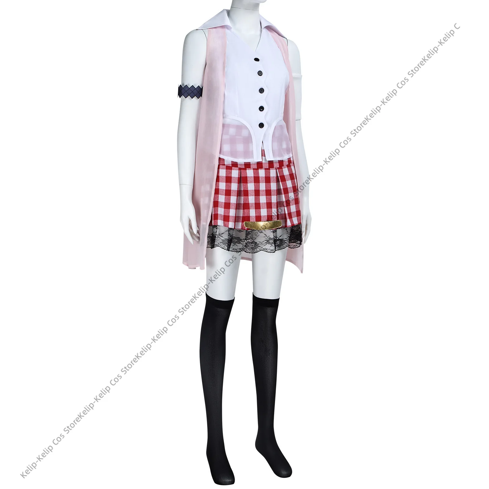 Juego Final Fantasy XIII ‌   Disfraz de Serah Farron, chal rosa, falda de rejilla, peluca, mujer adulta, traje de ocio diario bonito y Sexy