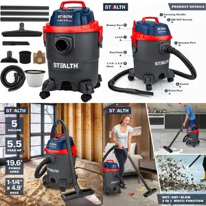 5 Gallon Shop Vacuum with 5.5 Peak HP, Blower and Drain Port for Home, Garage, Car, and Workshop Use