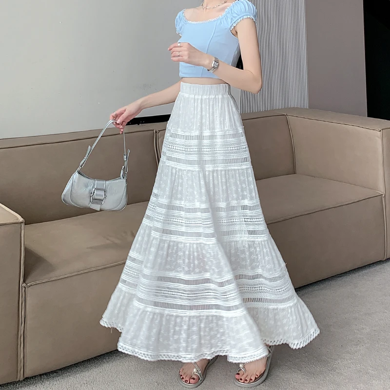 White Maxi Skirt Women 2024 Spring Summer Embroidery Flower Cut-out Semi Sheer Hollow Long Skirts For Women Lace Elegant Outfits