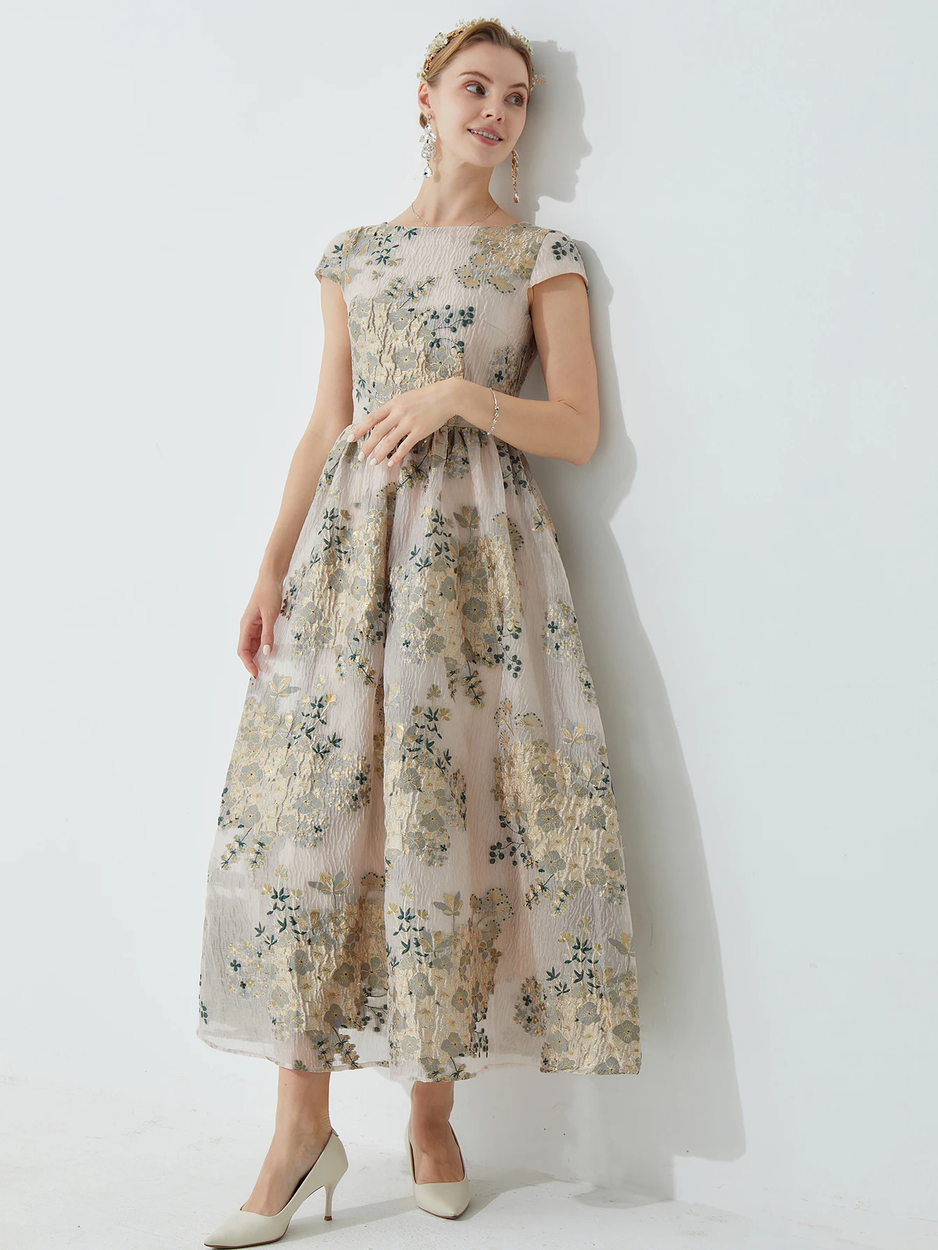 

French Retro Formal Dress Jacquard Waist-Cinching Full-Skirt Long Gown - Luxury Celebrity Style Evening Banquet Elegant Dress