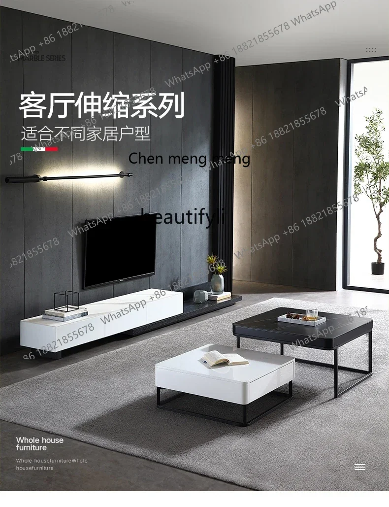 

D178 Light Luxury Minimalist Italian Stone Plate Marble Multi-Functional Storage Retractable TV Cabinet Unit Coffee Table