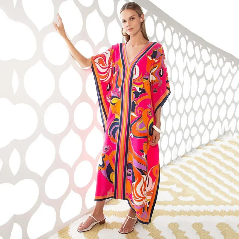 느슨한 보헤미안 프린트 비키니 커버 업, 여름 해변 원피스 튜닉, 여성 비치웨어, 카프탄 수영복 커버 업, 긴 로브 사롱