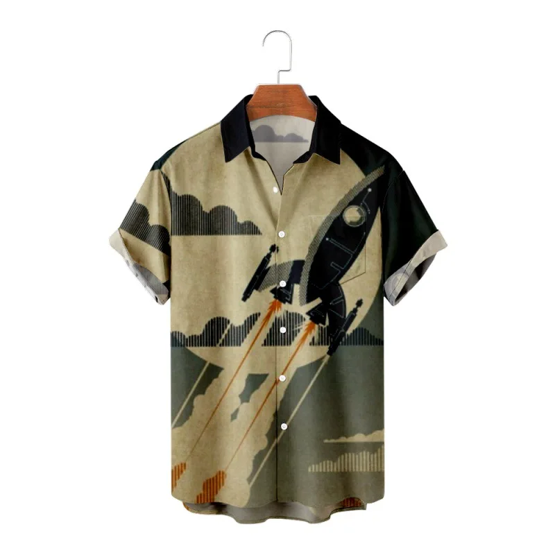 

Hot Sale Hawaiian Men Shirts Rocket C;artoon Print Tops Plus Size Cool Holiday Summer Beach Shorts Sleeve Shirts