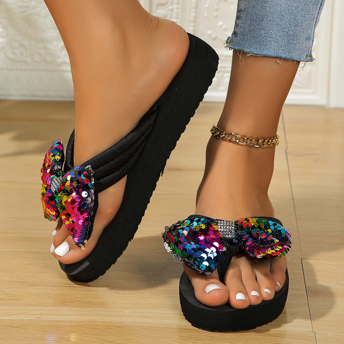 Fashion Sequin Bow Slippers Women New Summer Lightweight Sandals Outdoor Banquet Parties Thick Soled Casual Beach Shoes Durable