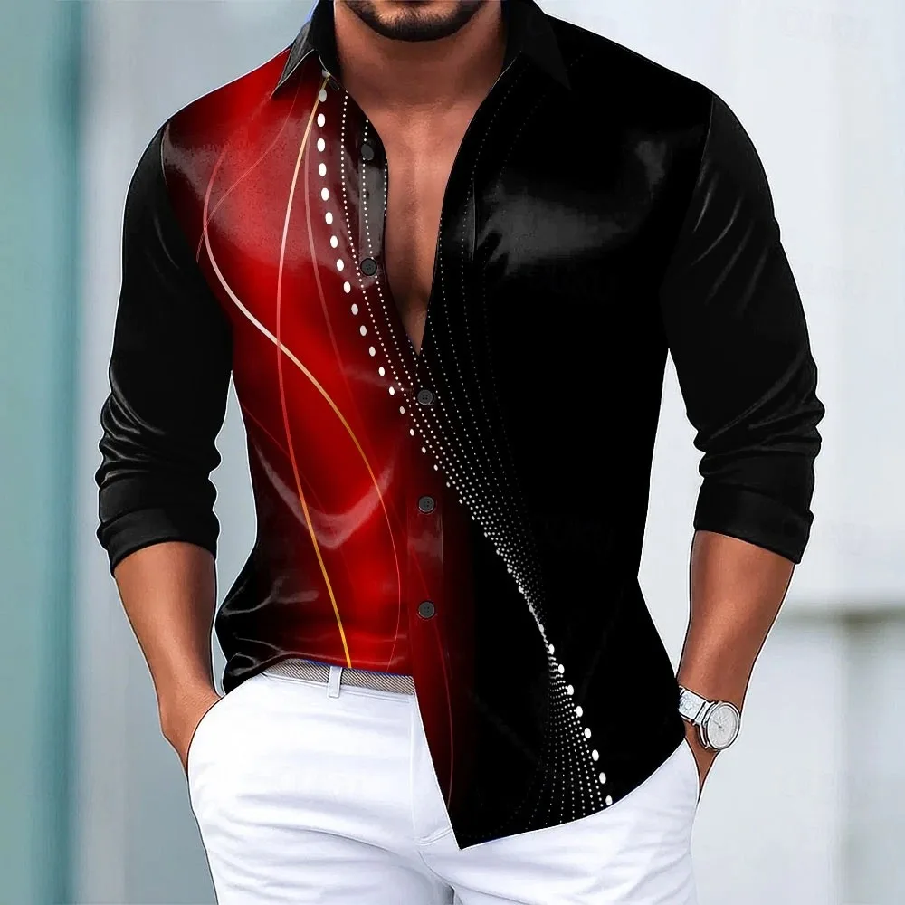 

New men's geometric gradient line satin shirt, fashionable casual vacation day wear, lapel 3D printed button up shirt