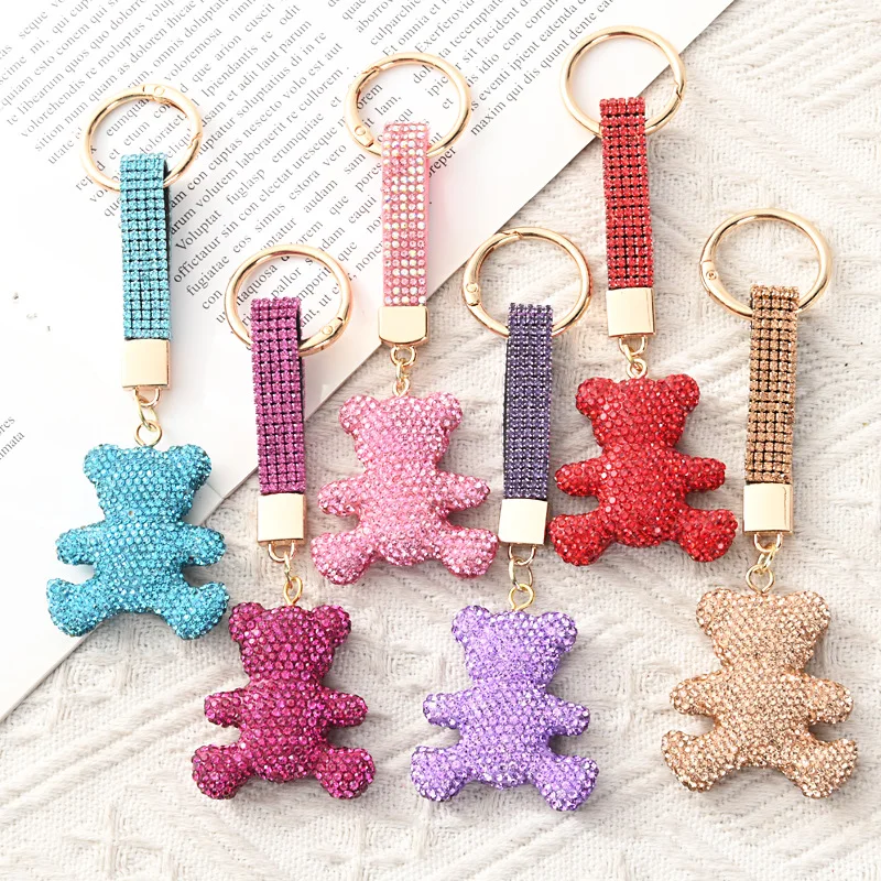 Cute Cartoon Bear Keychain Full Rhinestones Sparkle Charm Handmade Pendant Girls Gift for Car Key Phone Back to School haul