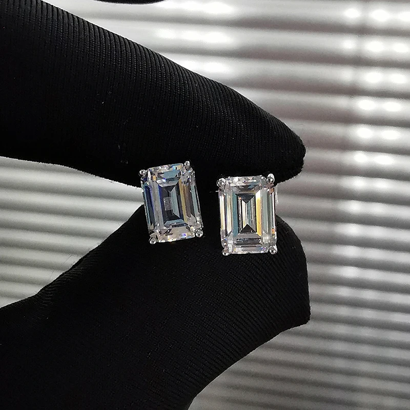 S925 Sterling Silver High Carbon Diamond Earrings Emerald Cut Simple Silver White 6*8 Rectangle Silver Jewelry Wholesale