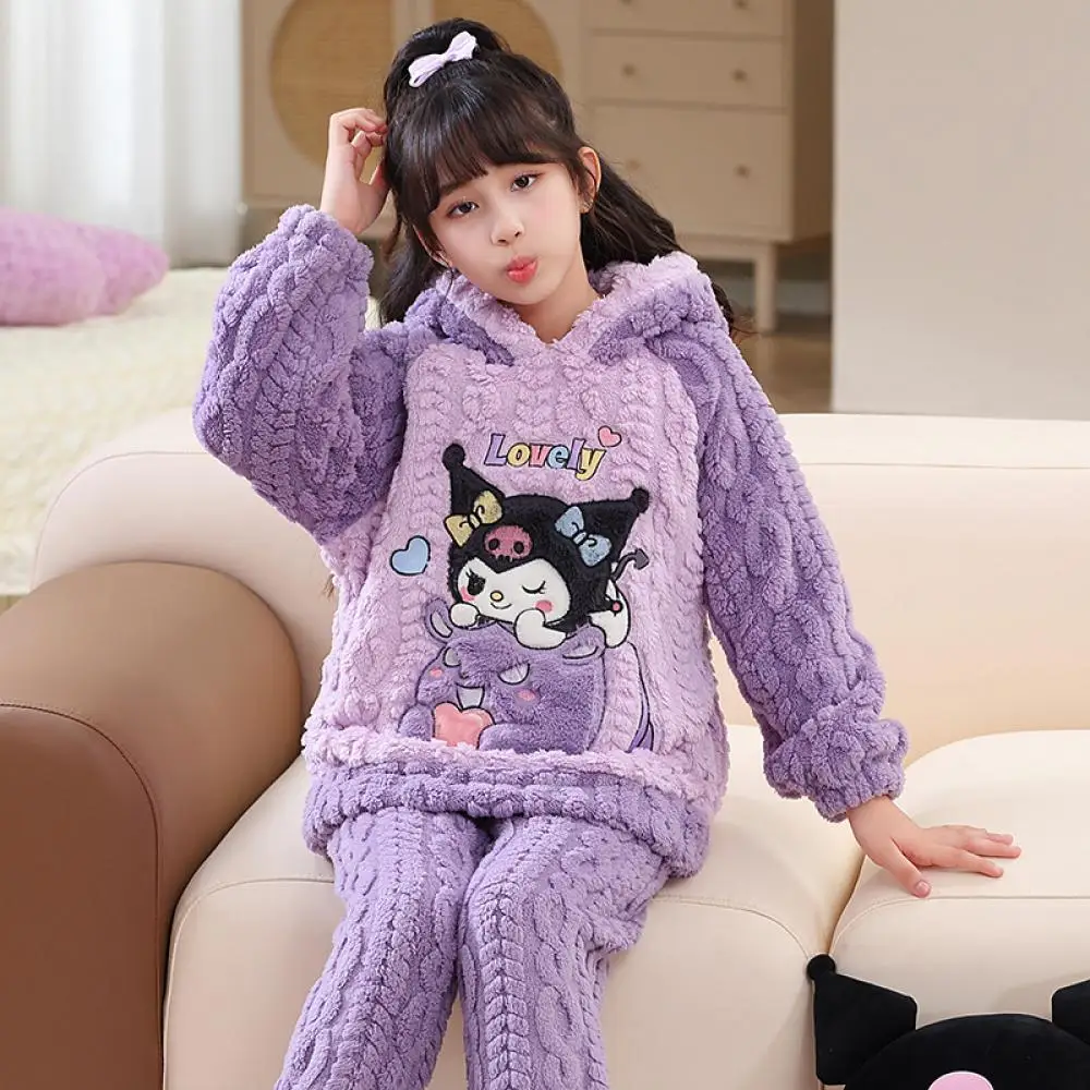 

Детские фланелевые пижамы Kuromi Kawaii из 2 предметов Cinnamoroll Sanrio, комплект аниме, осенне-зимняя милая теплая утепленная домашняя одежда для девочек и мальчиков, домашняя одежда